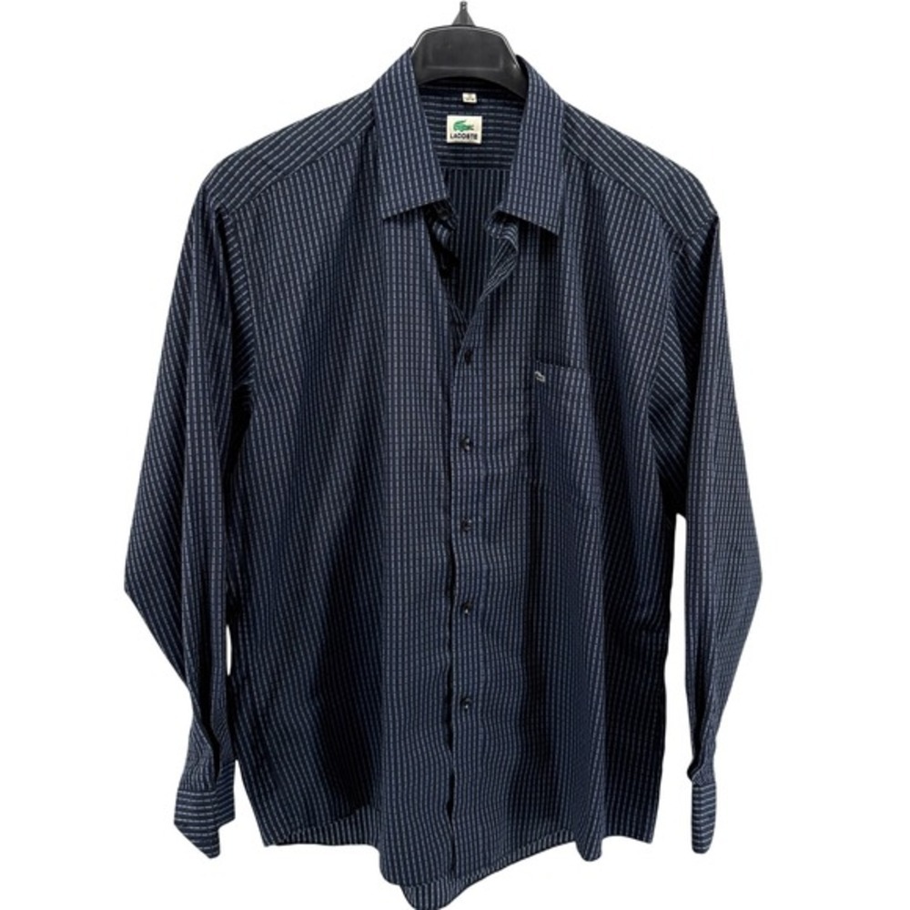 Lacoste Button Down Mens 18 (35-36) Pre-Owned Shirt Navy Blue Long Sleeve Grid‎